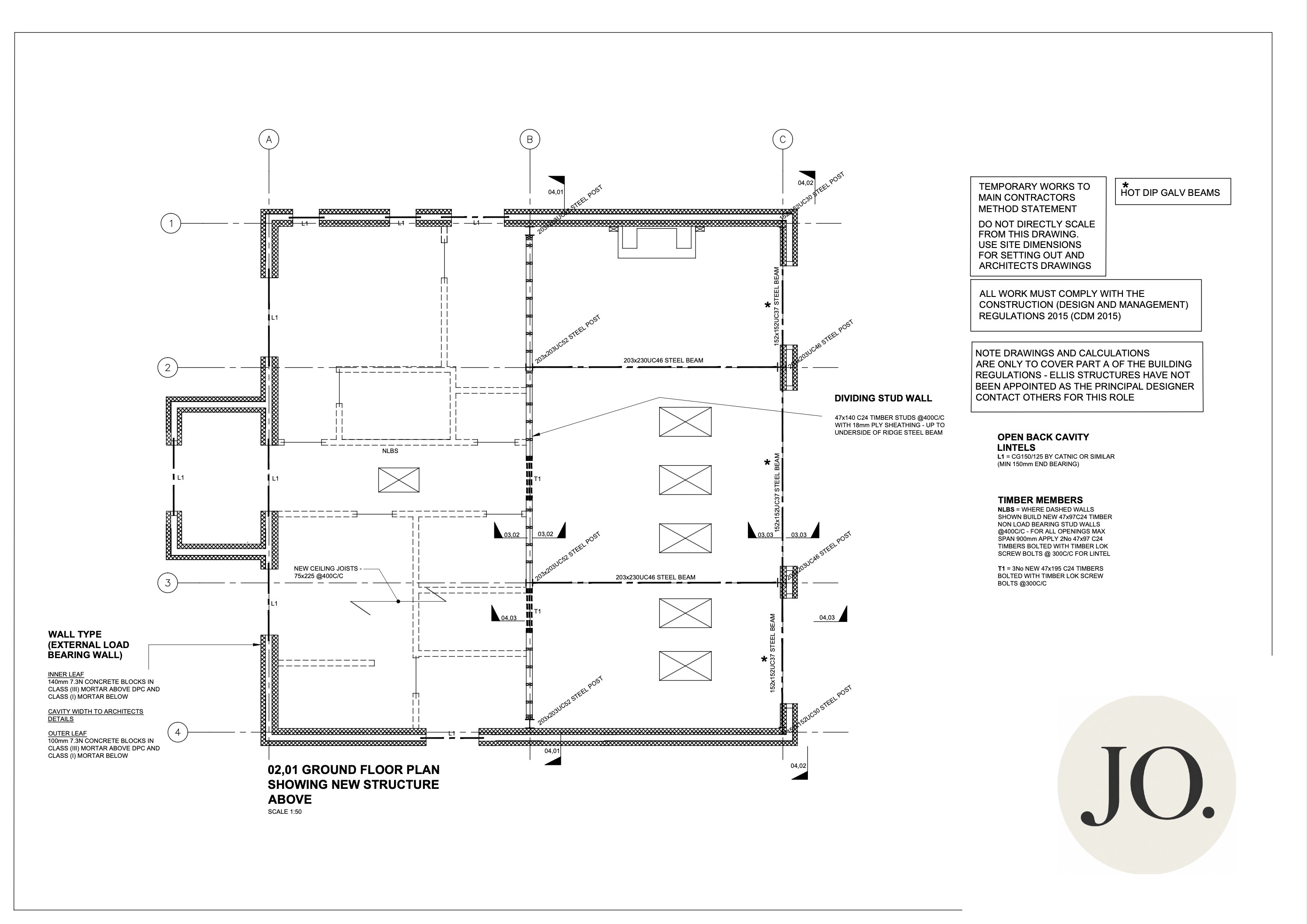 Structural drawing — ground floor plan showing new structure above